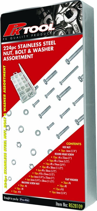 224 Piece Stainless Steel Nut, Bolt & Washer Assortment - RG28109